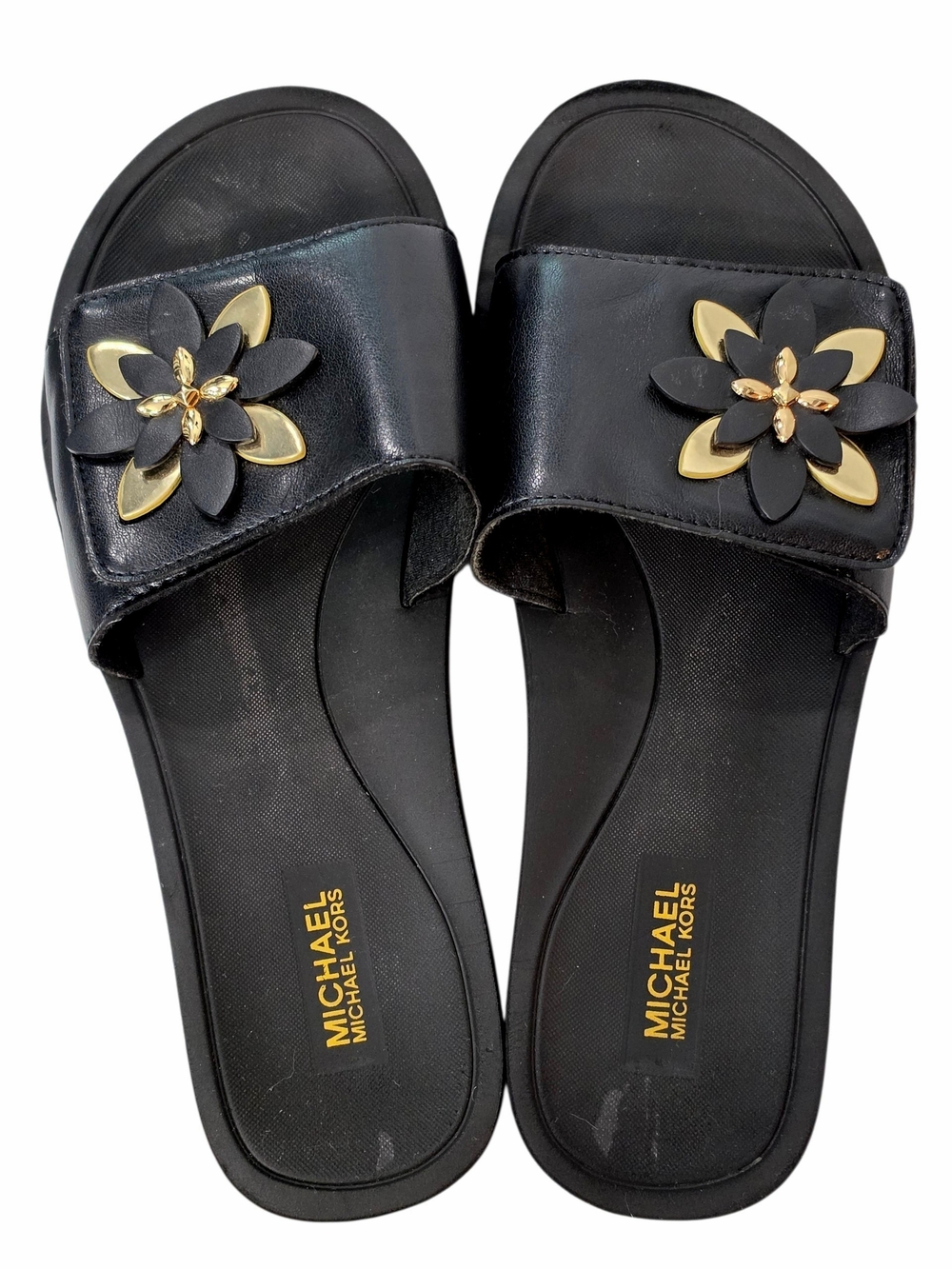Michael Kors Adjustable Black Slide Sandals Gold-Tone Flower Accent Size 9